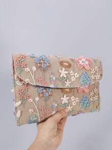 Random Pattern Embroidered Patchwork Wallet, Women Colorblock Flap Clutch Bag, Embroidered Flower Evening Purse, Fashion Wallet Suitable For Party, Gift, Wedding, Holiday - Multicolor - View 3