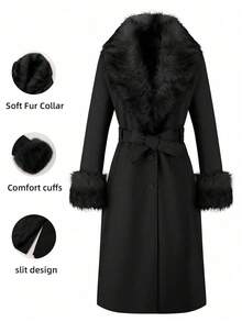 Women's Wool Blend Coat With Faux Fur Collar, Cuffs And Belt - Fashionable Long Jacket For Cold Weather - Black - View 1