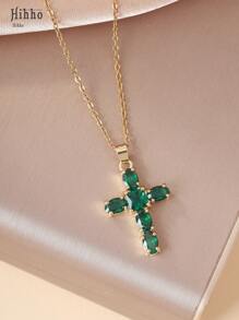 Hihho Colar com pingente de cruz da Virgem Maria em zircônia colorida estilo europeu, 1 peça, adequado para uso diário feminino, festas, reuniões, melhor presente para amigos, joias elegantes e versáteis, acessório de design exclusivo para presente