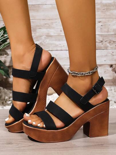 Women's Elegant Comfortable Wedge Sandals, Solid Color Bohemian Buckle Design, Suitable For Beach, Party, Home, Office, All Seasons