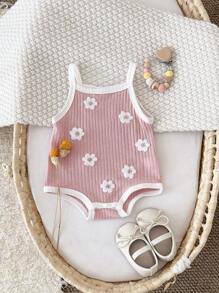 Newborn Baby Girl Casual Sweet Flower Embroidered Sleeveless Romper, Summer