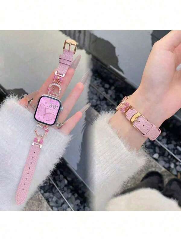 1pc Fashionable Rhinestone Decoration Rose Gold Metal Cat Cartoon Shape Leather Wristband Watch Strap, Suitable For Apple Watch Series 38/40/41/S10 42/42/44/45/49/S10 46mm, Ideal Gift For Young Women, Students, Daughters, Friends, Cute Girls & Lovers Of Cartoon Characters