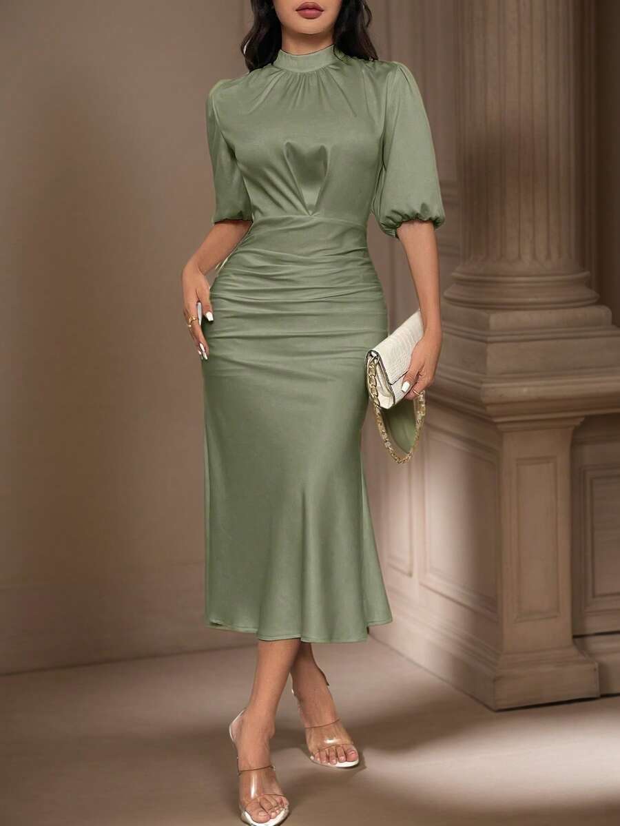 Women's Spring Summer Temperament Solid Color Short Sleeved Wrap Buttocks Fish Tail Dress - 綠色 - 查看 1
