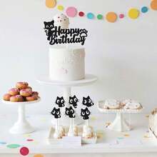 7 peças/12 peças Toppers de Cupcake com Glitter Preto Tema de Gato Feliz Aniversário, Decorações para Festa de Aniversário, Chá de Bebê ou Festa com Tema de Gato ou Animais de Estimação - Preto - Visão 5