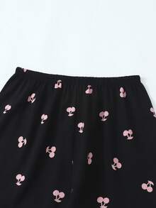 Conjunto de pijama informal de 3 piezas con estampado de cerezas para mujeres, compuesto por top de manga corta, pantalones cortos y pantalones, apto para uso en casa y exteriores, apto para primavera/verano - Negro - Ver 8