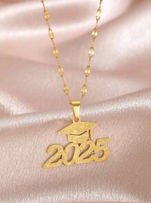 1pc Graduation Hat For The Year 2025 Necklace Stainless Steel Gold Color Sandblasted Necklace For Boys Girls Classmates Friends Graduation Gift ﻿