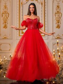 VIPGIRL Vestido de bola de princesa de manga abullonada con corsé de lentejuelas y tul rojo, vestidos de fiesta de quinceañera para mujer con hombros descubiertos, aspecto de lujo, vestido de noche formal, elegante vestido de fiesta, vestidos de noche para mujeres, para invitados de boda - Rojo - Ver 6