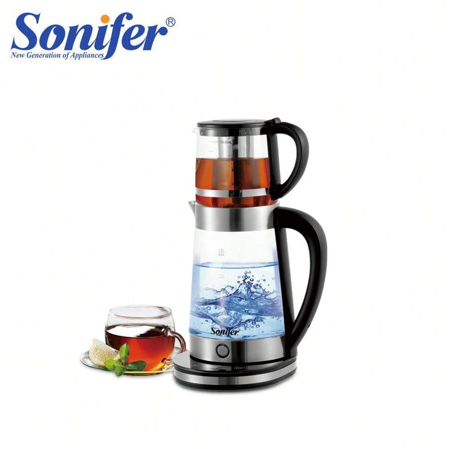 Sonifer Elektrischer Wasserkocher Teezubereiter 2L Wasserkocher + 1L Teekanne, Hochborosilikatglas Gehäuse, LED Blaulicht, verdecktes Edelstahl-Heizelement, Trockenlaufschutz, automatische Abschaltung zum Sieden, 360-Grad Schwenkbasis, digitale Temperaturanzeige mit Berührungssteuerung, 2000W, perfekt für Teeliebhaber und den Heimgebrauch