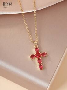 Hihho Colar com pingente de cruz da Virgem Maria em zircônia colorida estilo europeu, 1 peça, adequado para uso diário feminino, festas, reuniões, melhor presente para amigos, joias elegantes e versáteis, acessório de design exclusivo para presente