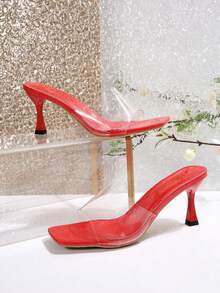 New Plus Size Women Square Toe Transparent Strap Comfortable Minimal Sexy Stiletto High Heel Slip-On Sandals, Versatile Casual Vacation Beach Style Summer Shoes - Red - View 6