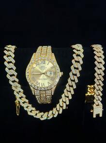 Conjunto de 3 piezas de reloj, collar y pulsera con Rhinestone, Reloj con correa de acero, calendario y caja de regalo para hombres y estudiantes, estilo hip-hop, conjunto de joyería de collar, pulsera y reloj de cumpleaños