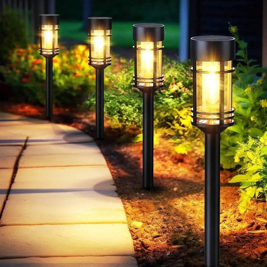 SZRSTH 4 Pack Solar Tungsten Lawn Lights,Outdoor Waterproof Solar Lights,Retro Design, Glass Metal Garden Lighting For For Villas, Landscapes,Garden, Yard, Lawn, Sidewalks - 黑色 - 查看 1
