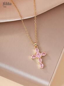 Hihho Colar com pingente de cruz da Virgem Maria em zircônia colorida estilo europeu, 1 peça, adequado para uso diário feminino, festas, reuniões, melhor presente para amigos, joias elegantes e versáteis, acessório de design exclusivo para presente