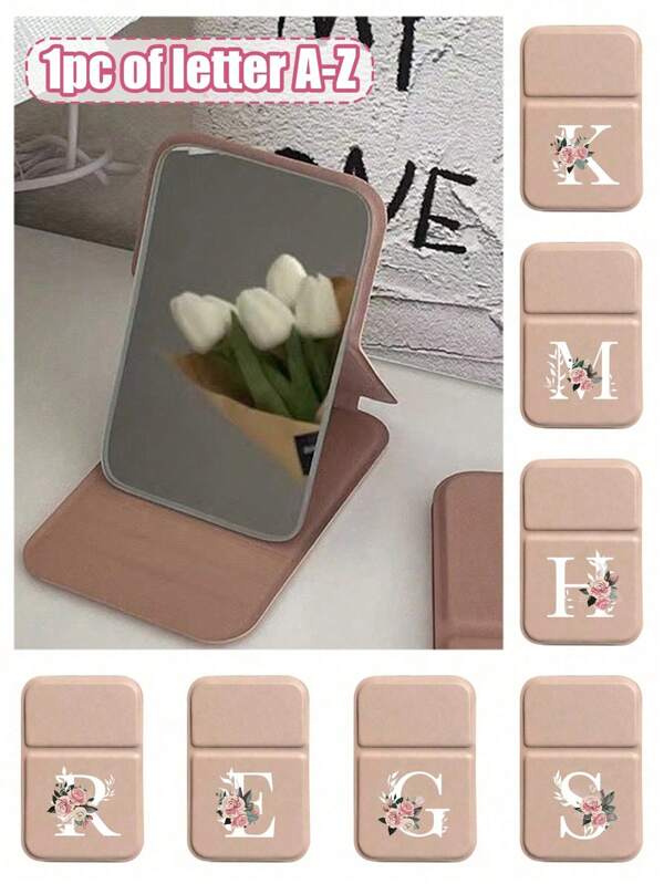 1pc Mini Pink Flower White Letters Foldable Portable Makeup Mirror,Letters Of A-Z Makeup Mirror With Bracket, Travel Mirror, Beauty Products, Desktop Makeup Mirror, Rectangular Desktop Compact Mirror Foldable Small Minimalist Makeup Mirror, Travel Portable Makeup Mirror For Women's Gift - The Best Gift For Mom And Teacher