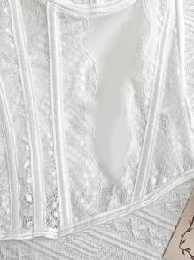 1pc Elegant Casual Solid Color Contrast Lace Cropped Top With Eyelash Trim, Slim Fit Stylish Blouse For Daily Wear