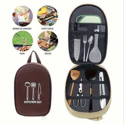 1pc Portable Bag For Storing Camping Kitchen Utensils, Perfect For Outdoor Grilling And Cooking, Equipped With A Compact Travel Cutlery Set Made Of Durable Materials, But Does Not Include Cutlery