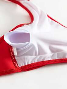 2pcs Women Sexy Criss-Cross V-Neck One Piece Swimsuit & High Waisted Solid Color Bikini Set