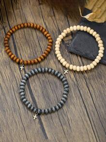 3pcs Men Retro Punk Style Coconut Slice, Cross Pendant Mixed Layers Bracelet Set, Versatile Fashion