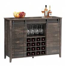 LIZHOUMIL Farmhouse Home Bar Cabinet With Storage, 47.2 Inch Large Home Bar Unit With 8 Wine Racks, Indoor Wine Bar And Liquor Bar Cabinet With Barn Door And Footrest For Dining Room