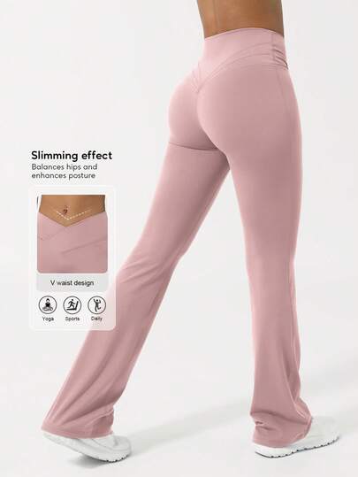 Sodalemon 女士V型提臀瑜伽健身喇叭裤，交叉腰带设计，运动跑步紧身裤
