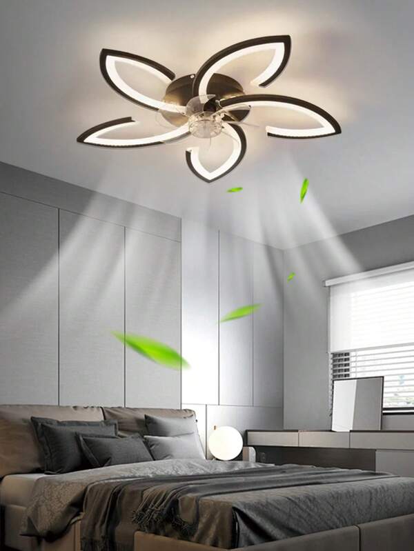 Ventilator de tavan cu LED negru de 220V - 5 capete, abajur acrilic, corp din fier, cu telecomandă, pentru living, sufragerie, birou, dormitor, decor interior, viteză a vântului reglabilă pe 1-6 niveluri