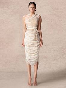 不对称领口褶饰腰部蕾丝及膝鸡尾酒礼服 - 白色 - 查看 1