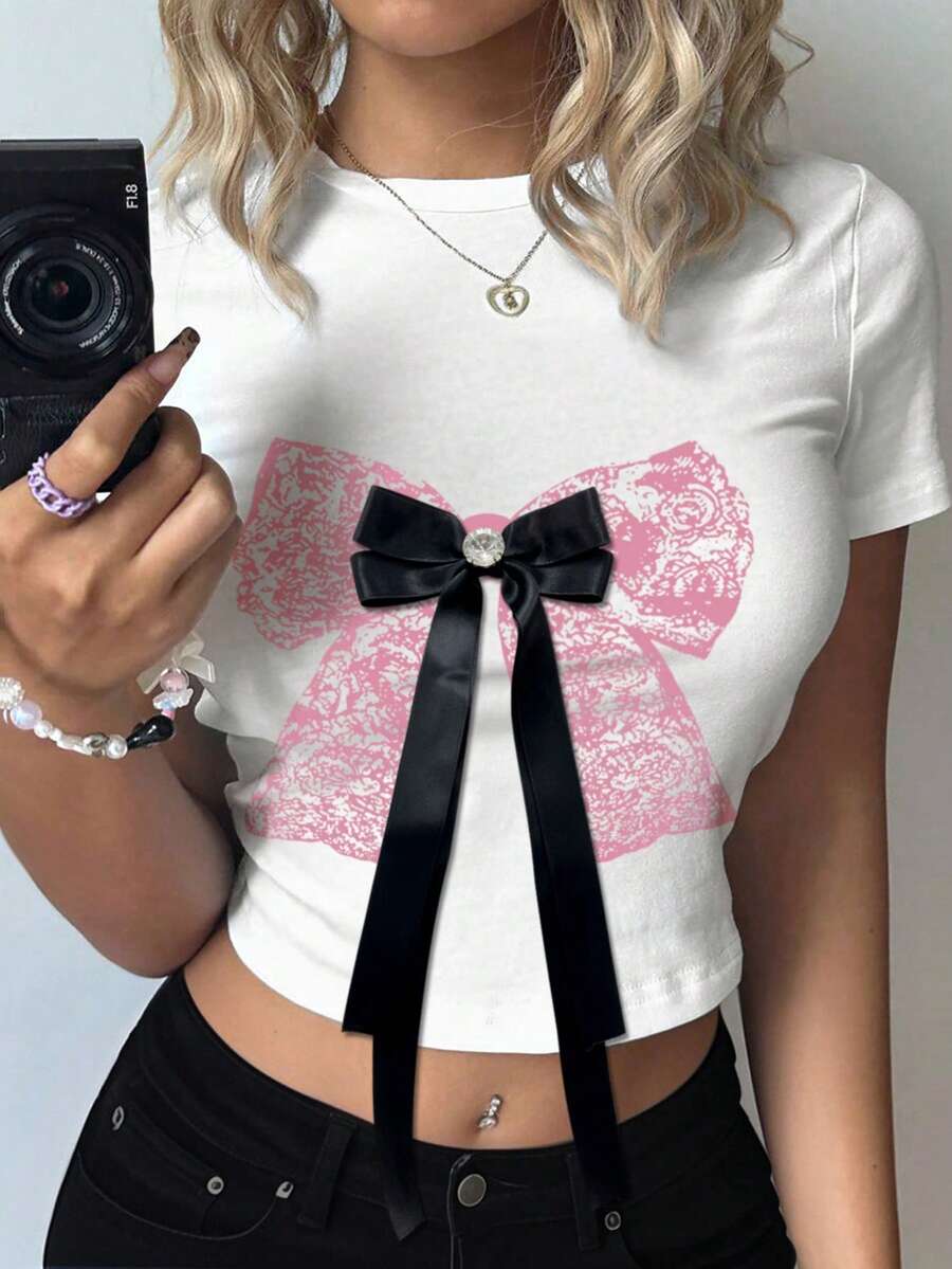 Women's Handcraft Rhinestone Bow Contrast Color Graphic Cropped Crew Neck Short Sleeve T-Shirt For Summer - White - View 1
