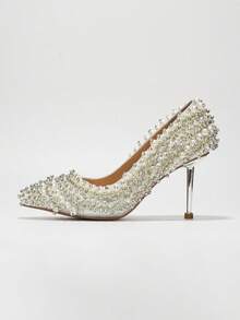 Women's Pointed Toe Bridal Heels With Pearl & Crystal Detail - Katine Embellished Stiletto Heels - 白色 - 查看 2