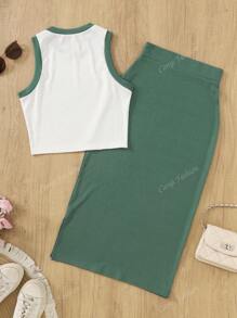 2pcs Women Elegant Vintage Resort Style Solid Color Contrast Trim Camisole & Long Skirt Set, Spring/Summer