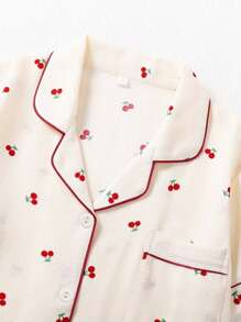 AICJ Conjunto de pijama para niña preadolescente con estampado de cerezas y ribete contrastante