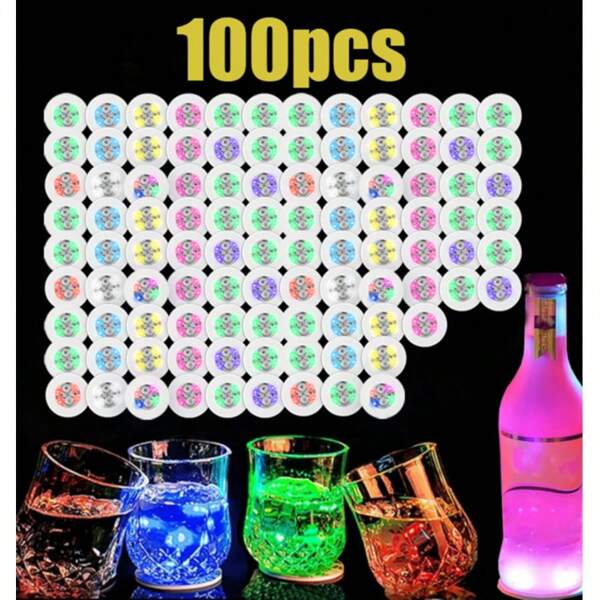 100pcs Red Wine Bottle LED Coaster Lights Drinking Glass Color Changing 3 Modes Flat Foam Core Board Night Club Party Battery Operated