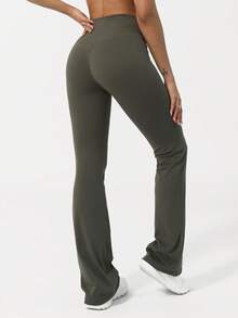 Sodalemon 女士V领提拉瑜伽健身喇叭裤，交叉腰带设计，适合运动、跑步等，修身喇叭紧身裤 - 軍綠色 - 查看 6