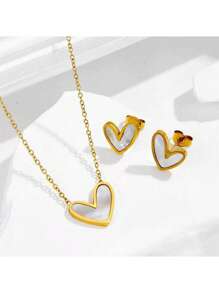 1 Set minimalistischer persönlicher kleiner weißer Muschel Herz Edelstahl Halskette und Ohrringe Schmuckset, geeignet für den täglichen Gebrauch von Frauen, Partys oder als Muttertagsgeschenk