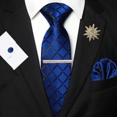 1 件/2 件/3 件/4 件/5 件套装男士海军蓝格子真丝领带，格纹缎面真丝领带，口袋巾，袖扣，银色领带夹和六边形，飞机，音符，闪电胸针，男士理想礼物，适用于婚礼，商务，正式，约会，晚会，婚礼照片，毕业季男士领带