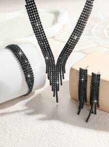 4-Piece Women's Elegant Jewelry Set, Featuring A V-Shaped Design With Sparkling White Rhinestone Necklace And Earrings, Suitable For Wearing Jewelry Gifts At Banquets, Parties, And Weddings