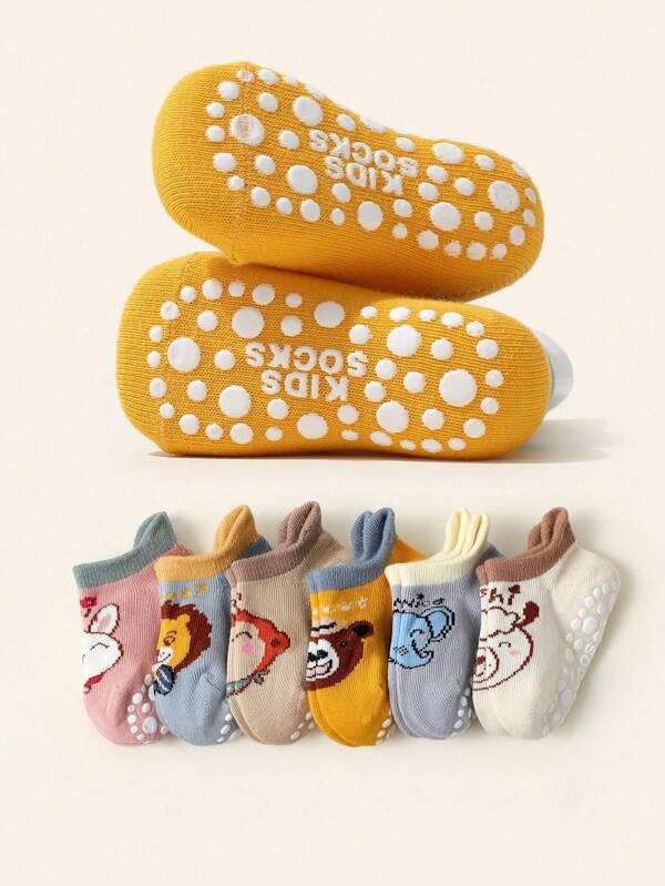 6 pares de meias antiderrapantes para bebês, macias e confortáveis, suaves para a pele, com estampa de desenho animado, adequadas para meninos e meninas, para todas as estações