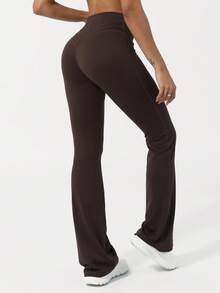 Sodalemon 女士V型提臀瑜伽健身喇叭裤，交叉腰带设计，运动健身紧身裤 - 巧克力棕 - 查看 5