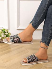 秋冬复古波西米亚风格女士家居拖鞋，室内亚麻拖鞋，厚防滑鞋底，适合夏季居家使用 - 黑色 - 查看 3