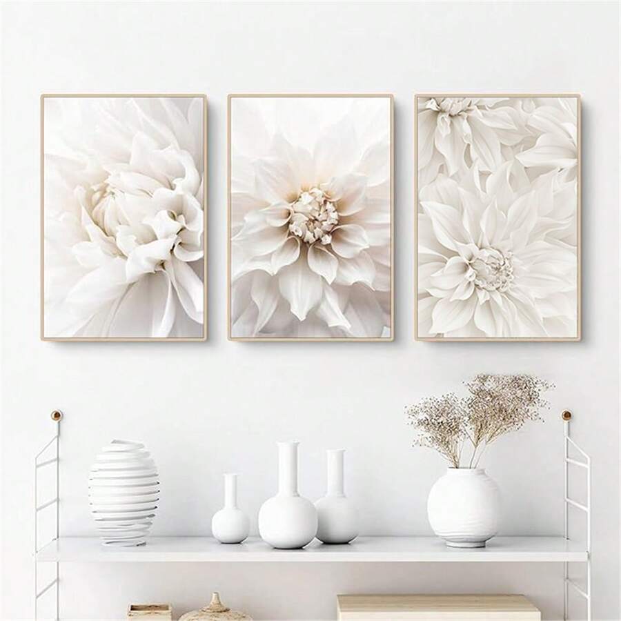 1/3幅现代波西米亚白色花卉帆布画,时尚花卉印花,植物墙画海报,家居装饰,适用于客厅、卧室、宿舍、办公室,背景设计,礼品,带/不带框 - 彩色 - 查看 1
