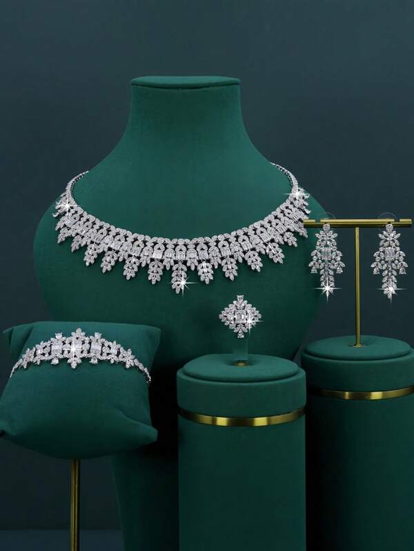 5pcs Luxury Royal Style Leaf & Flower Design Bridal Wedding Jewelry Set, Handset White Cubic Zirconia, Including Necklace, Bracelet, Earrings, Ring, Suitable For Daily Wear And Wedding, Wedding Anniversary Gift, Comes With (Golden) Gift Box For Christmas