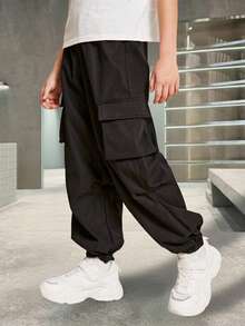 1 pieza Pantalones cargo holgados para niños preadolescentes con bolsillo con solapa y cordón lateral, adecuados para primavera, verano, otoño e invierno - Negro - Ver 4