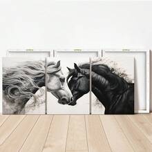 3 peças/Conjunto Pintura em Tela Emoldurada, Conjunto de Arte de Parede em Tela Cavalo Galopante Preto e Branco - Pintura de Cabeça de Cavalo Elegante - Decoração de Arte com Padrão Animal para Sala de Estar, Quarto, Escritório, Presente Perfeito para Amigos e Família, À Prova d'Água - Multicolorido - Visão 7