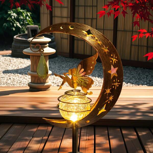 2pcs Fairy Solar Stake Lights Moon Backyard Decor Yard Art Decorations Outdoor, Angel Garden Gifts Decor For Outside Lawn Ornaments Crackle Glass Globe Patio Landscape Pathway, Fairy Garden Staker, Solar Lights Outdoor
