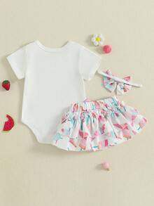 Half Way To One Newborn Baby Girls Birthday Outfits Letter Print Romper Bodysuit Top + Strawberry/Ice Cream/Orange/Watermelon Print Shorts + Bow Headband 3Pcs Clothes Set - 西瓜粉 - 查看 3