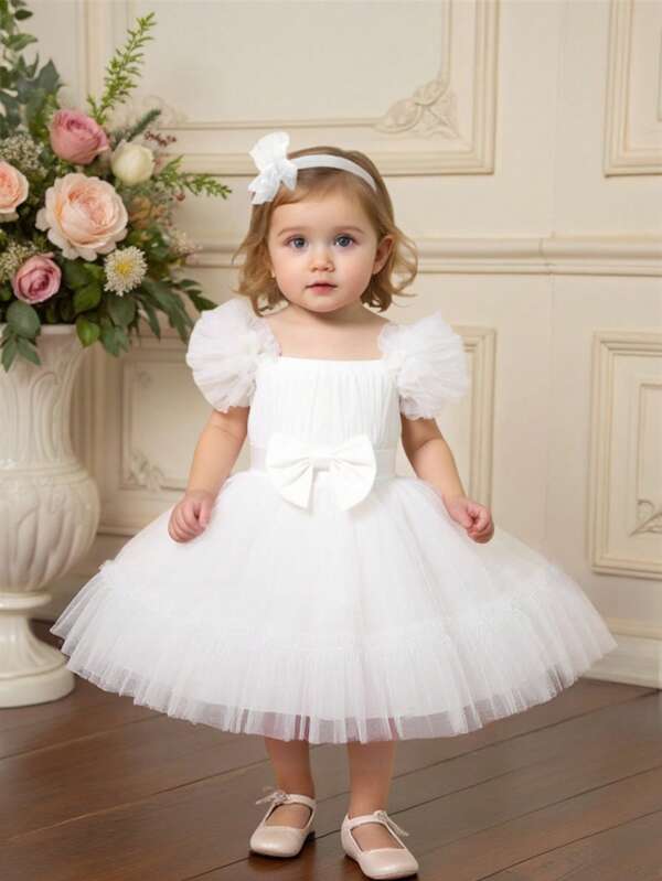 Baby Girls Bowknot Tulle Party Dress, Suitable For Birthday, Wedding, Flower Girl