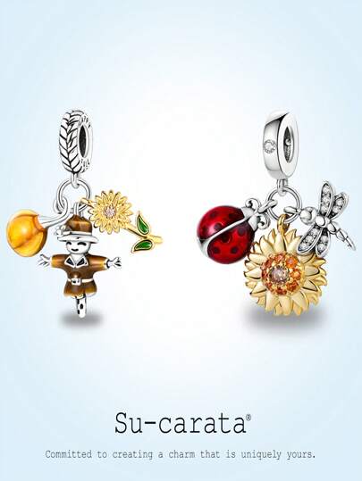 Su-Carata Silver-Plated Pastoral Style Wheat Field Guardian, Ladybug, Sunflower, Dragonfly Pendants, Fashionable And Versatile Design, Showcasing Personal Charm, Suitable For DIY Bracelet Necklace Jewelry Making, Men And Women Birthday Everyday Jewelry Gift