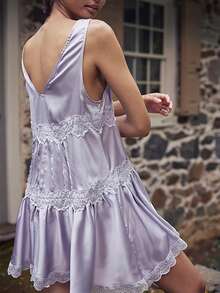 Womens Slip Lace Mini Dress Y2k 90s Vintage Aesthetic Summer Teen Girls Flowy Tiered Swing Dress Boho Coquette Drop Waist Short Dress - 淡紫色 - 查看 2
