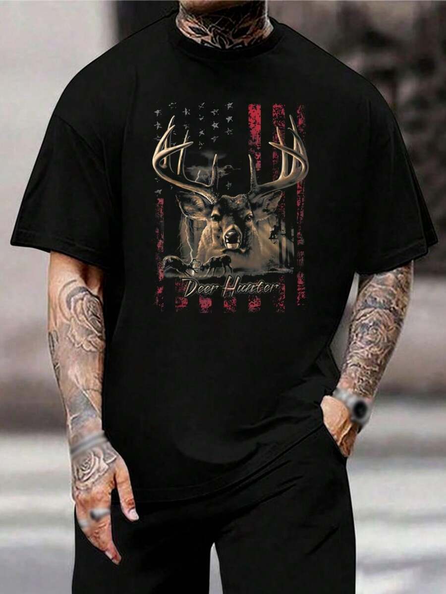 Camiseta de ciervo cazador con bandera estadounidense patriótica - Ropa de caza para hombre - Camiseta gráfica genial - Regalo para cazadores - Varias tallas y colores - Regalo para marido - Negro - Ver 1