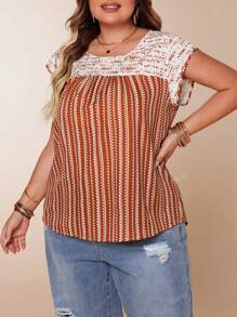 Plus Size Women Elegant Woven Colorblock Round Neck Dolman Sleeve Pleated Front Curved Hem Top, Rust Brown, Summer