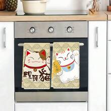 2pcs, Korean Japanese Lucky Cat Cloud Pattern Washcloths, Cleaning Cloths For Kitchen, Bathroom, Car, Windows, Cleaning Supplies, Gift.
